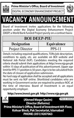 Jobs in Prime Ministry Office Board of Investment Islamabad